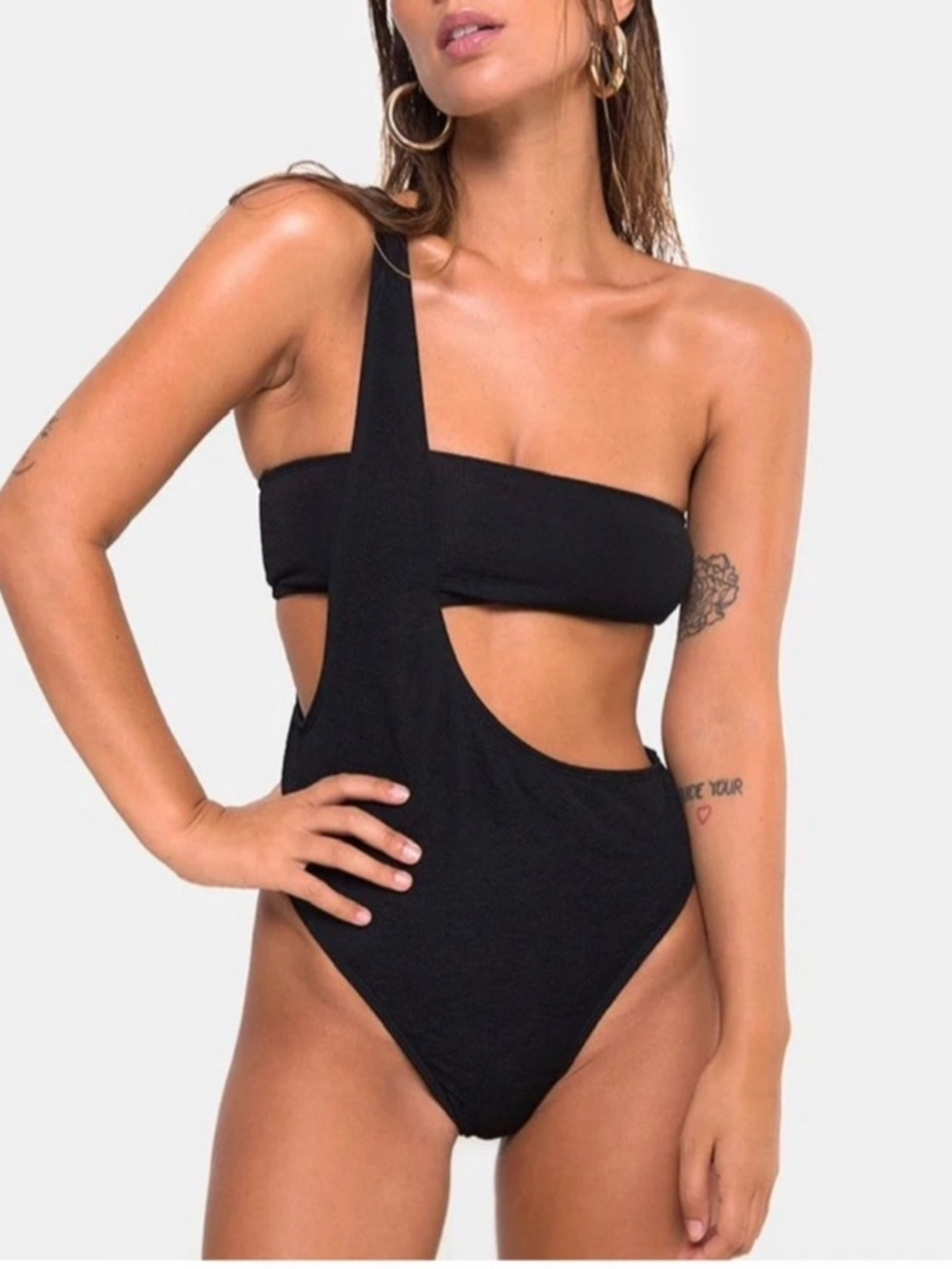 Motel Rocks Elkin Asymmetrical One-Shoulder Cutout Textured Black Swimsuit Sz S